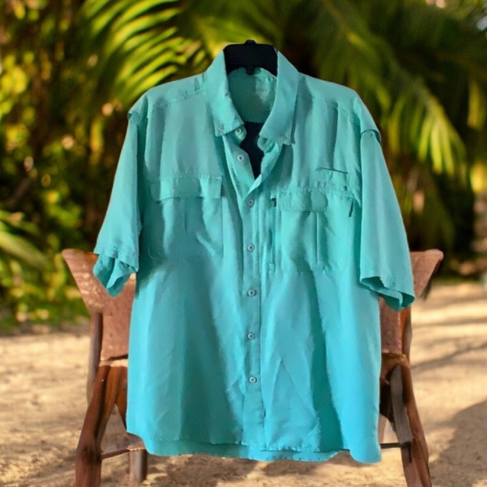 Silver Bait Fishing shirt Turquoise zipper front pockets mesh underneath size X…
